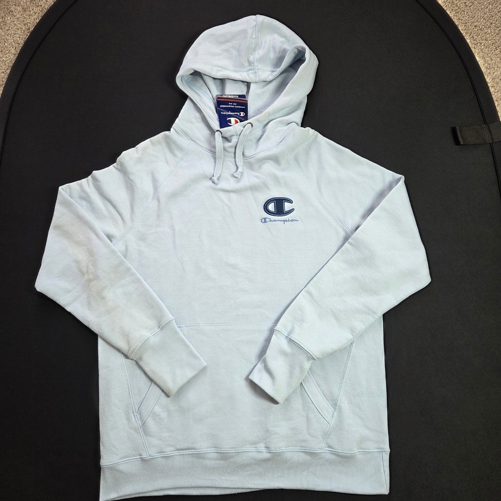 Champion Mens Powerblend Fleece Hoodie Light‎ Blue Chenille Logo Pullover Medium